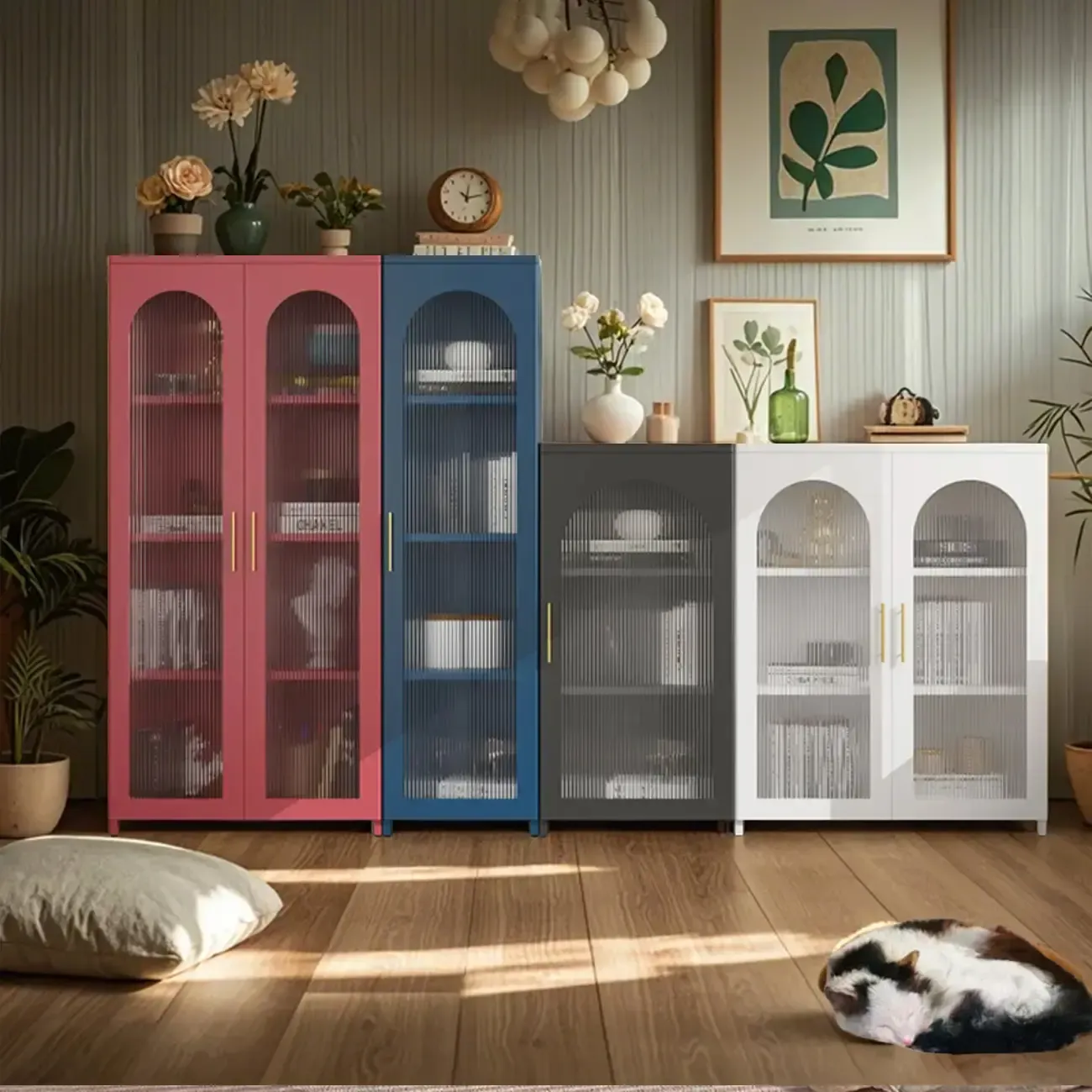 Modern Metal Vertical Storage Cabinet with Glass Doors Image - 3