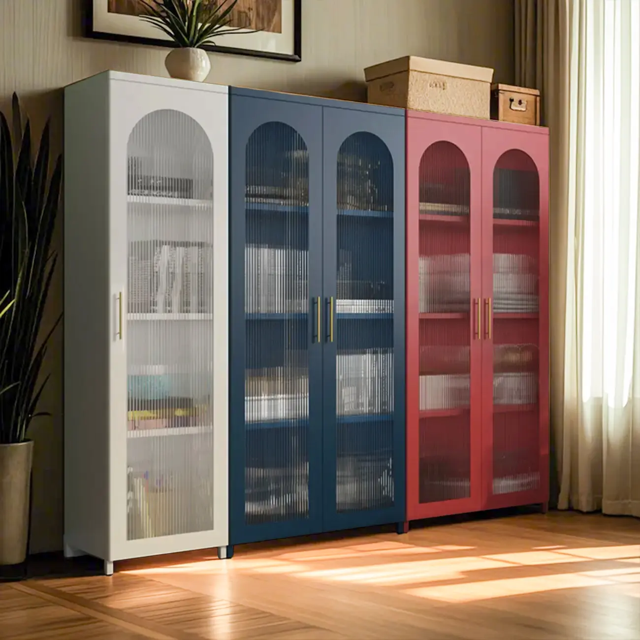 Modern Metal Vertical Storage Cabinet with Glass Doors Image - 4 | homeyfad