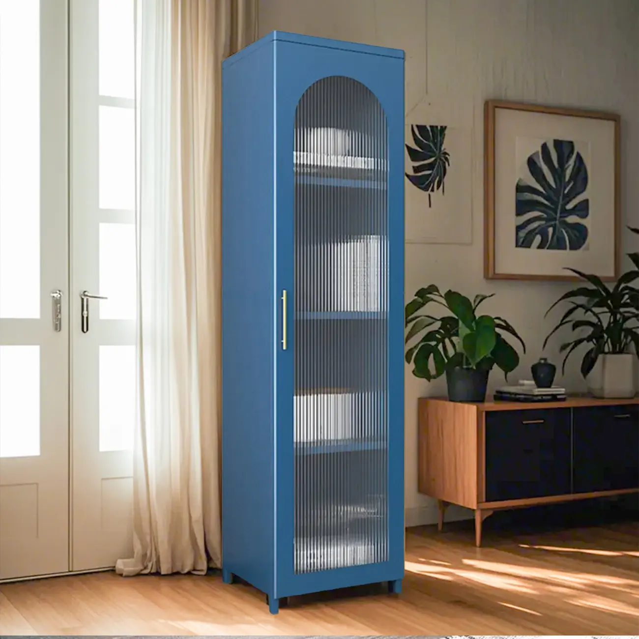 Modern Metal Vertical Storage Cabinet with Glass Doors Image - 5 | homeyfad