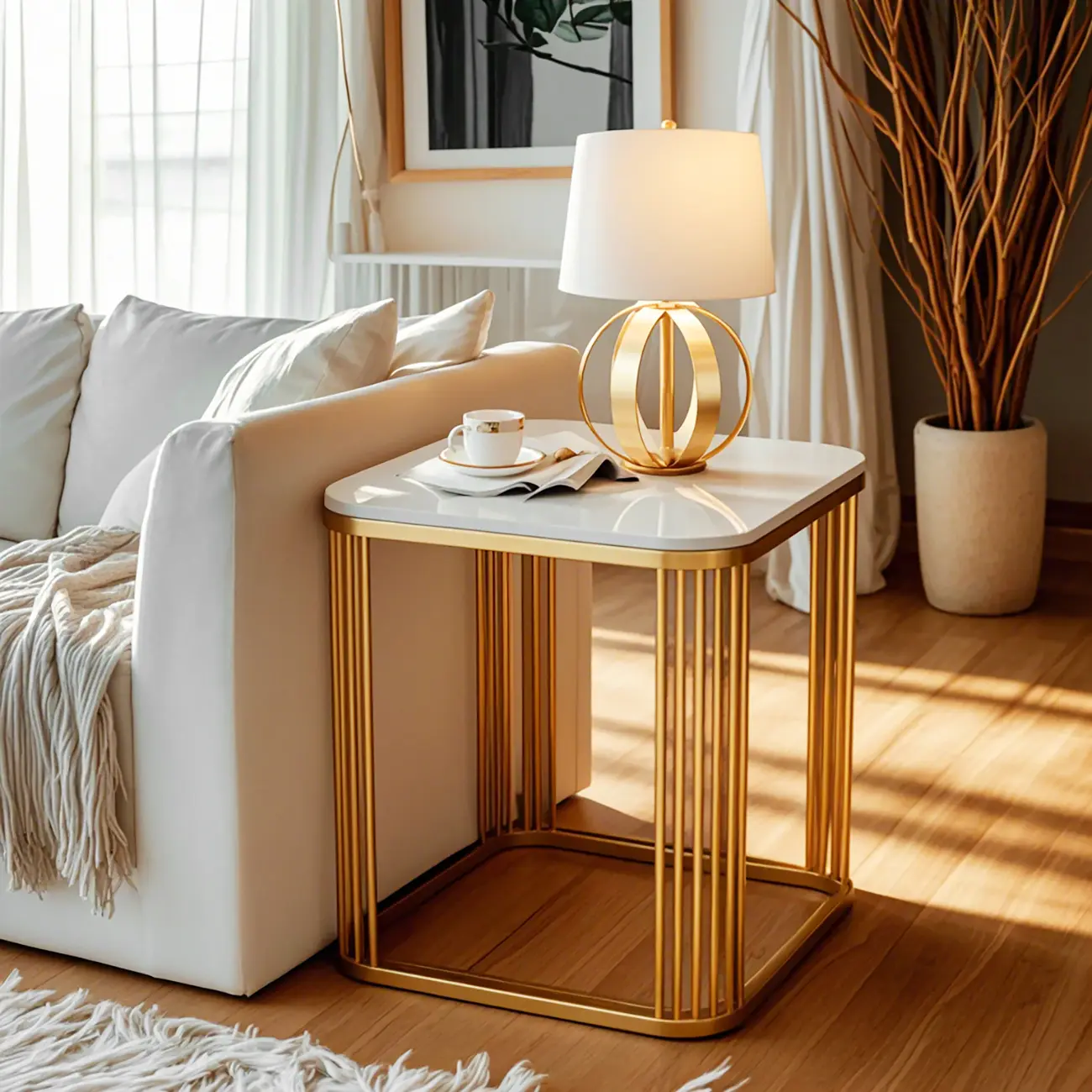 Glam Square Metal & Marble End Table for Living Room Image - 1 | homeyfad