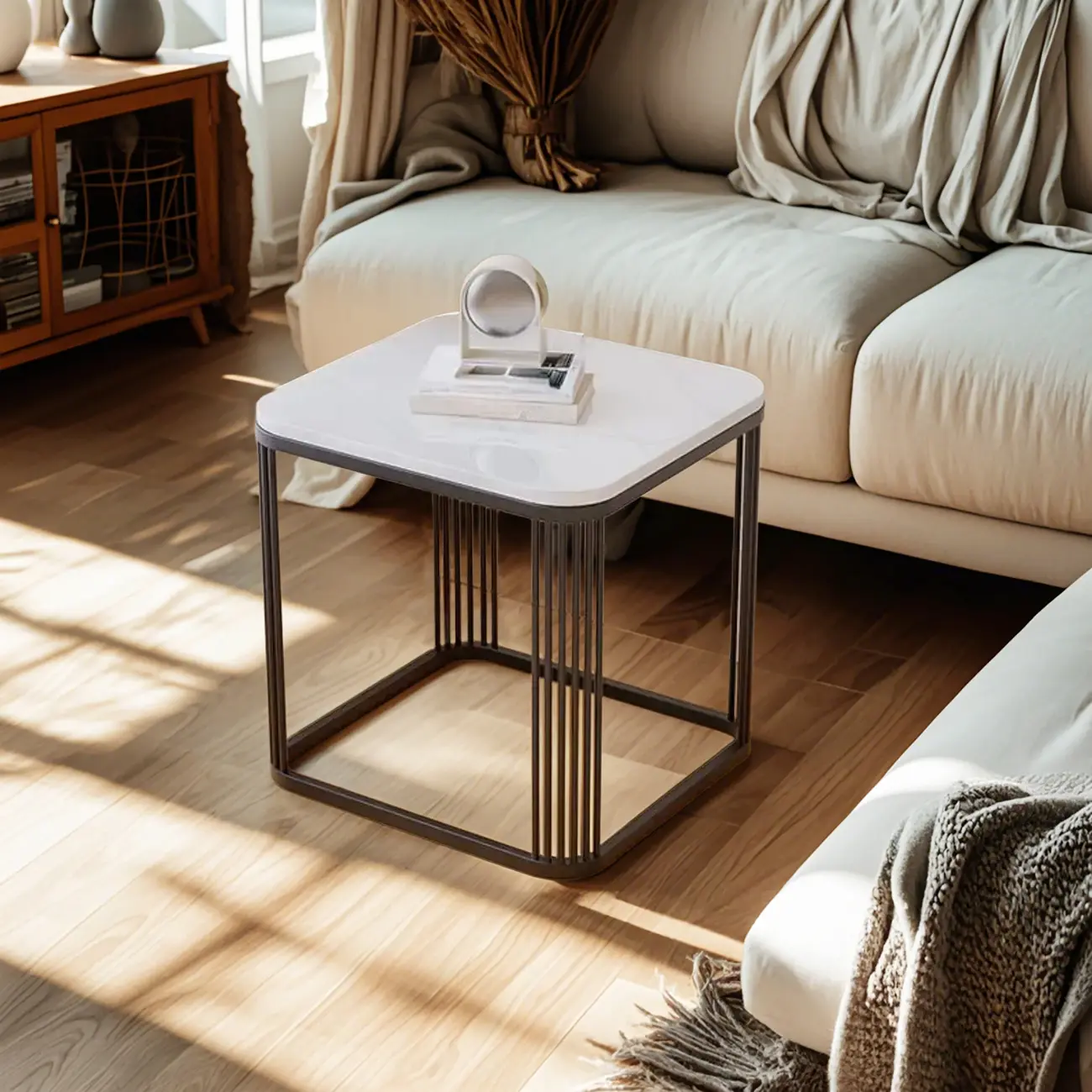 Glam Square Metal & Marble End Table for Living Room Image - 2 | homeyfad