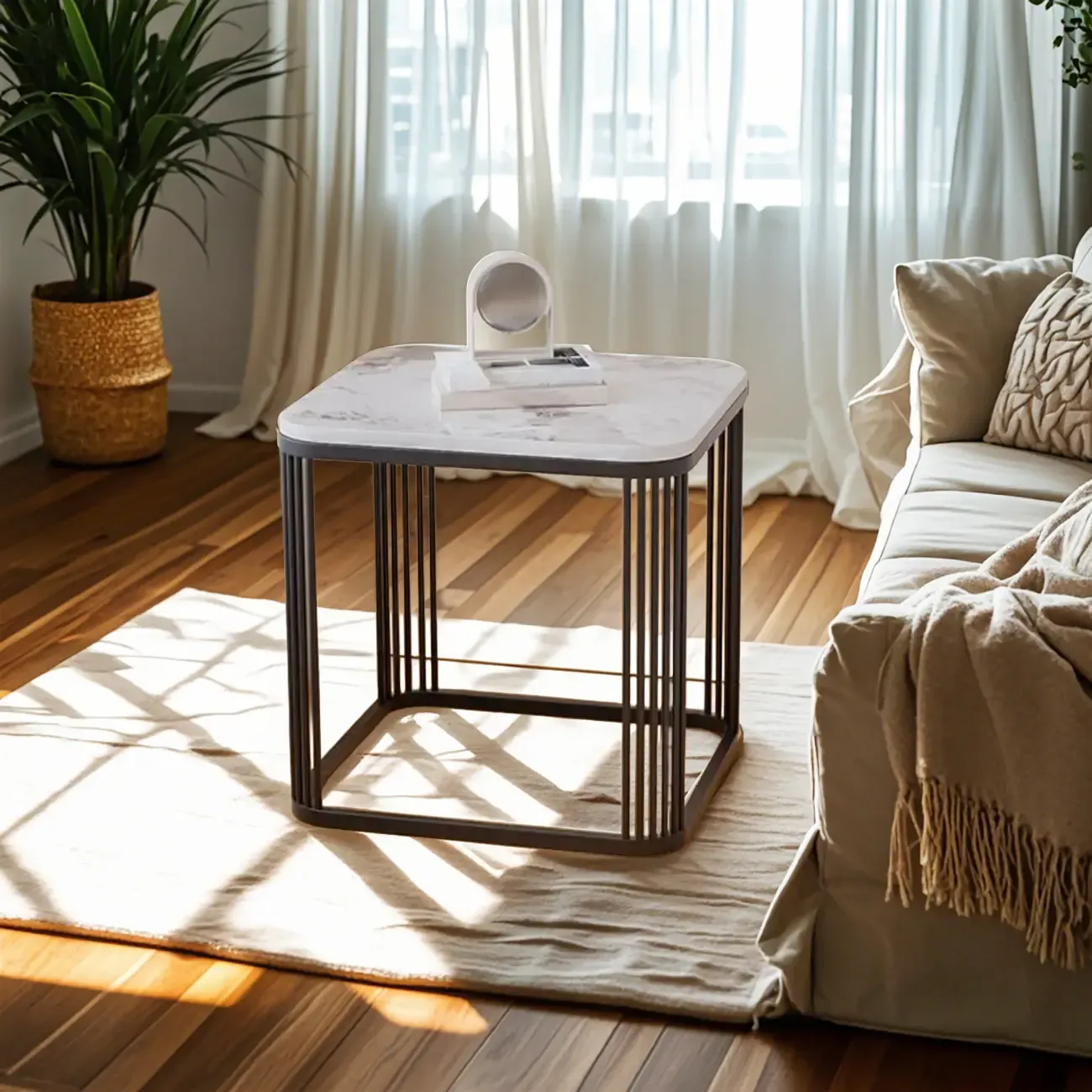 Glam Square Metal & Marble End Table for Living Room Image - 3