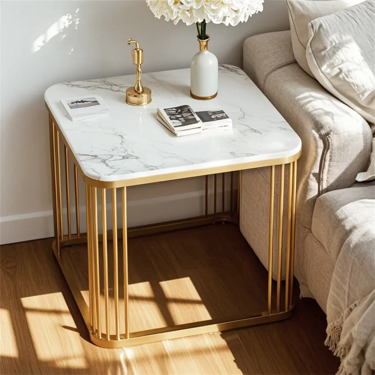 Glam Square Metal & Marble End Table for Living Room Image - 5