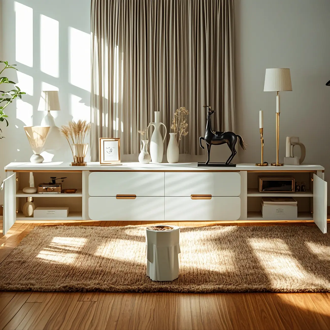 Elegant White Stone TV Cabinet with Cable Management Image - 2 | homeyfad