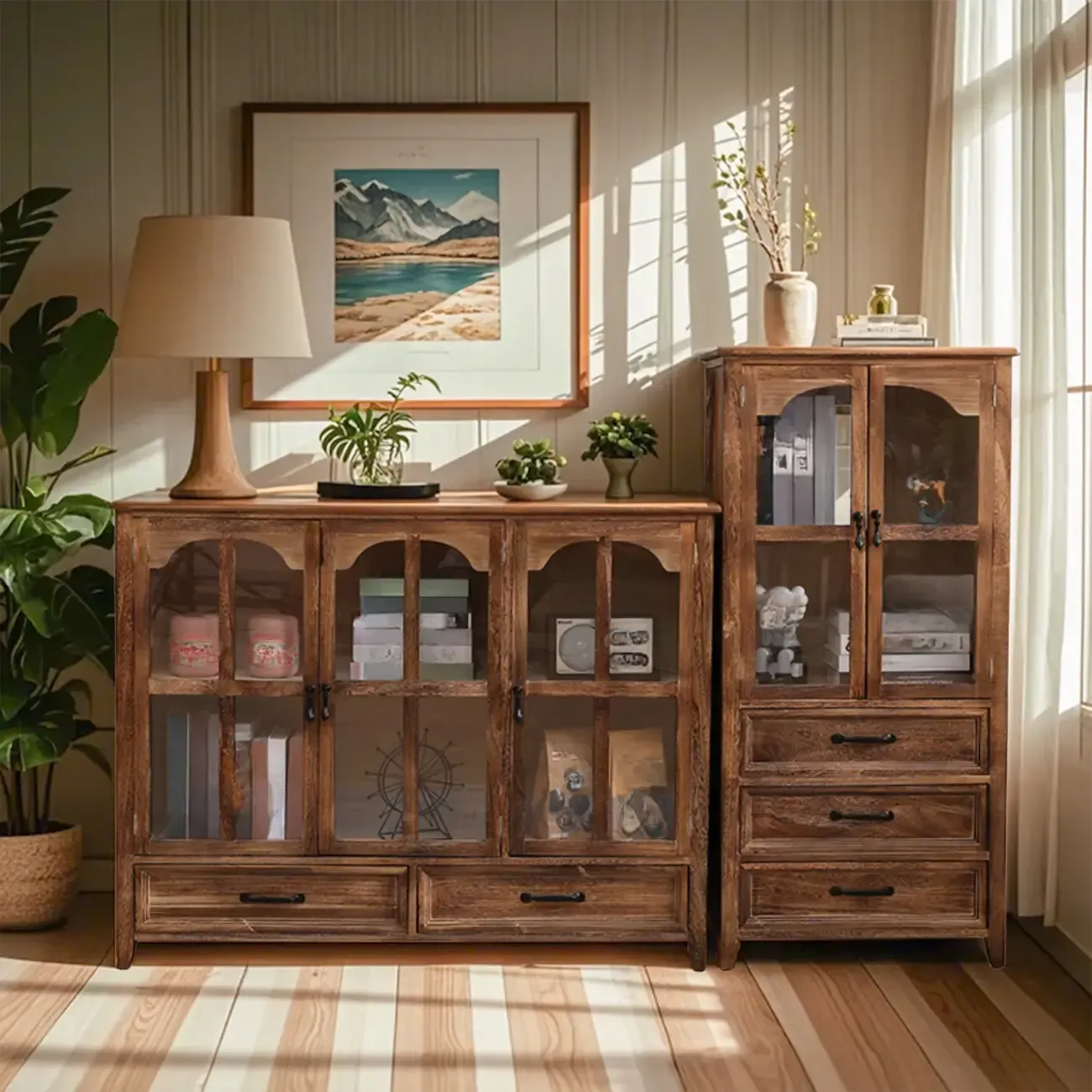 Rustic Wooden Living Room Storage Cabinet with Drawers Image - 1