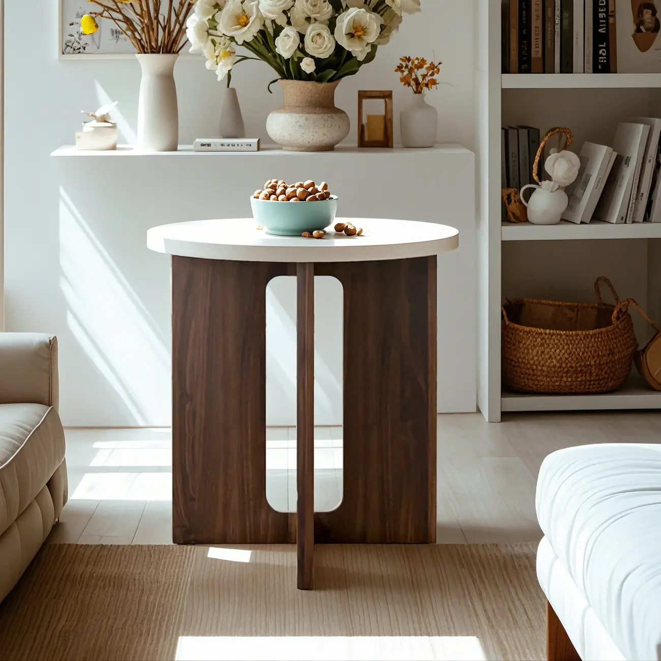Minimalist Round Brown Wood End Table for Living Room Image - 1 | homeyfad