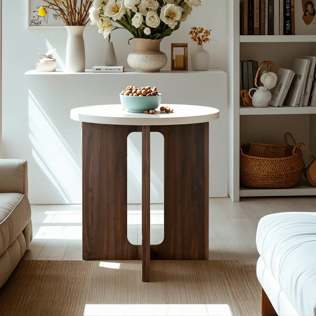 Minimalist Round Brown Wood End Table for Living Room Image - 1