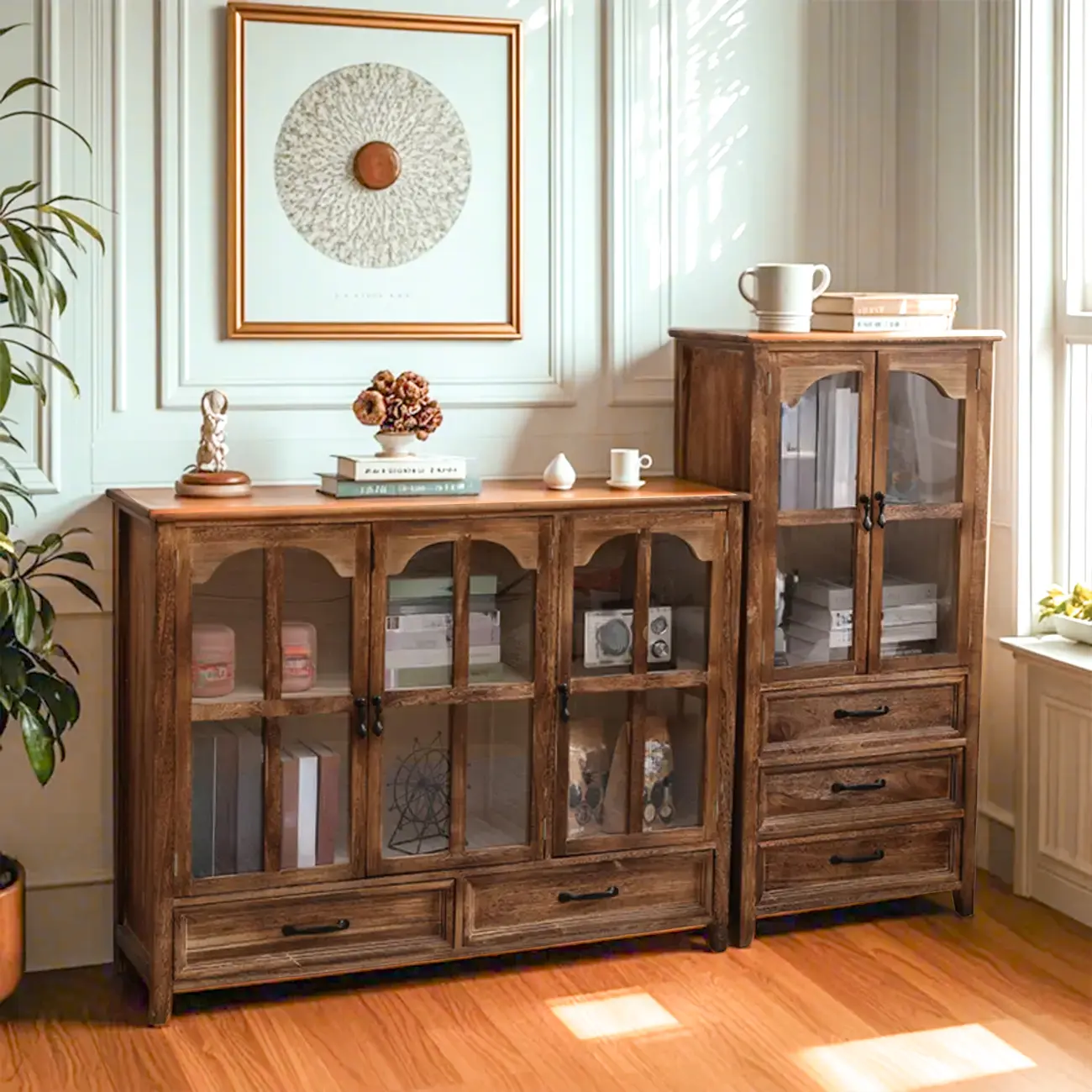 Rustic Wooden Living Room Storage Cabinet with Drawers Image - 4 | homeyfad