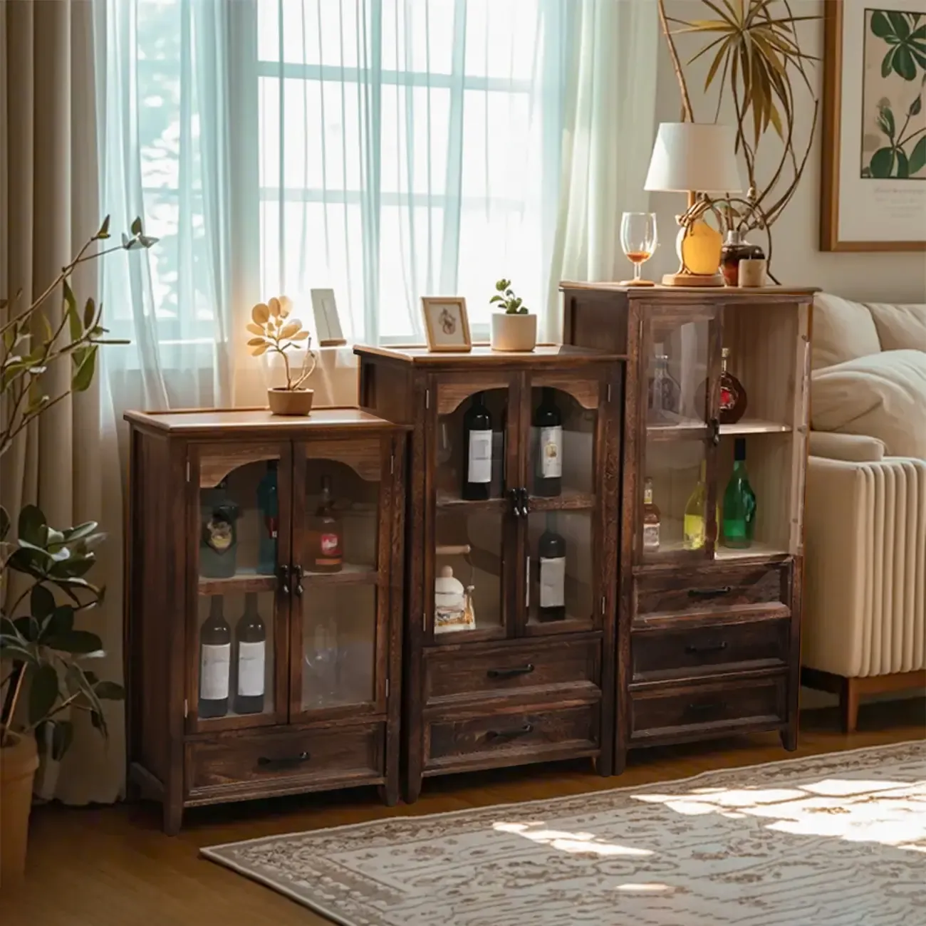 Rustic Wooden Living Room Storage Cabinet with Drawers Image - 6