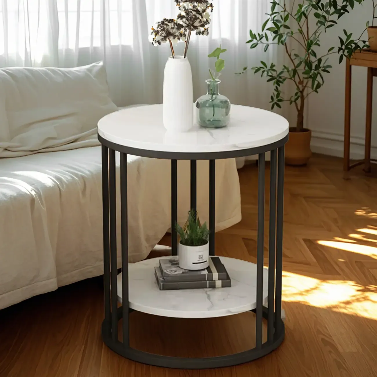 Modern Gold Metal Round 2 Tiers Side Table for Living Room Image - 2
