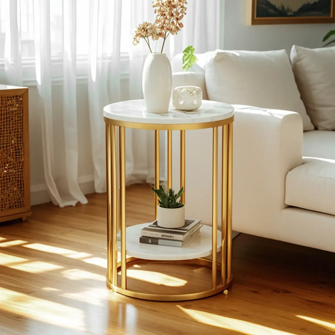 Modern Gold Metal Round 2 Tiers Side Table for Living Room Image - 3