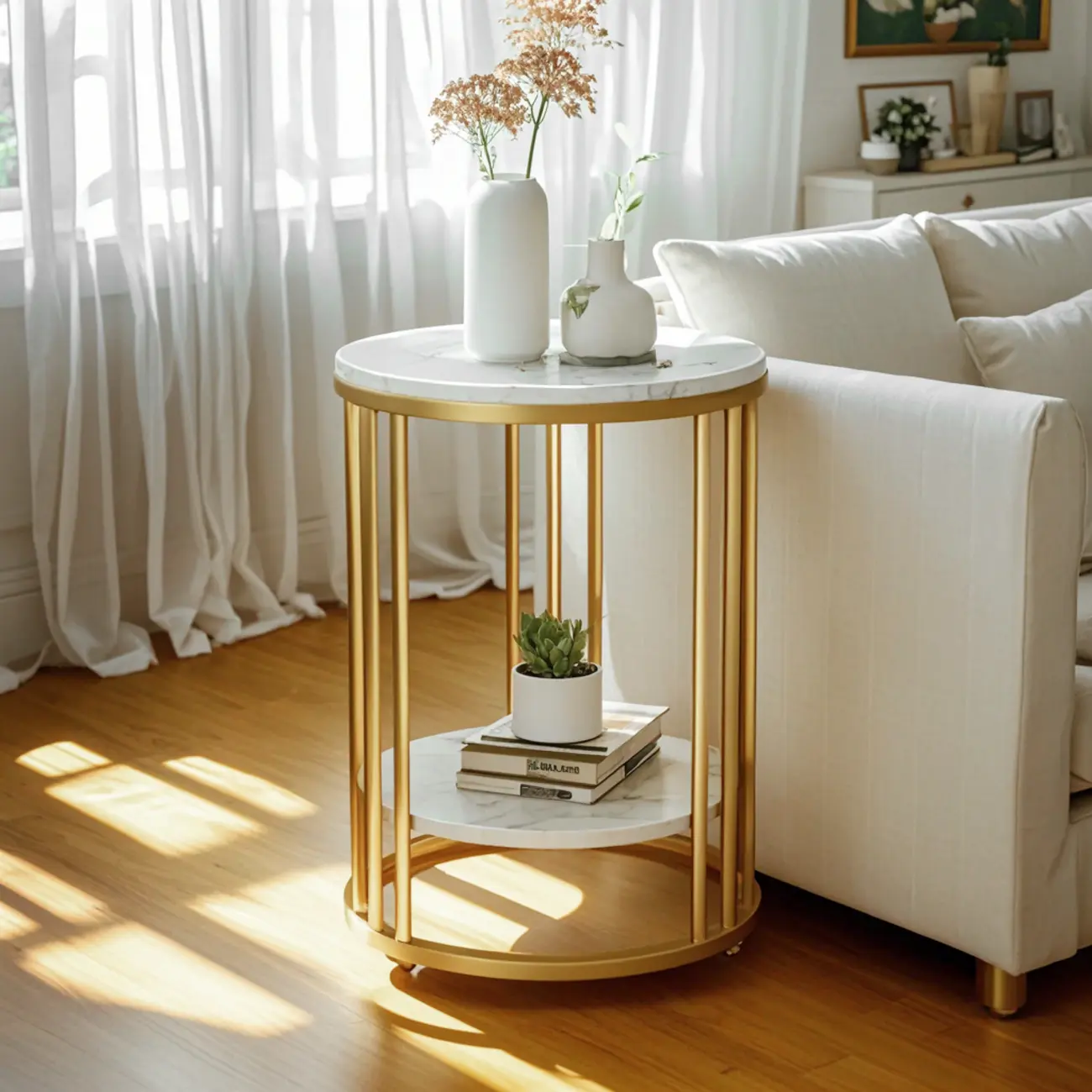 Modern Gold Metal Round 2 Tiers Side Table for Living Room Image - 5 | homeyfad