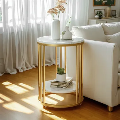 Modern Gold Metal Round 2 Tiers Side Table for Living Room Image - 5