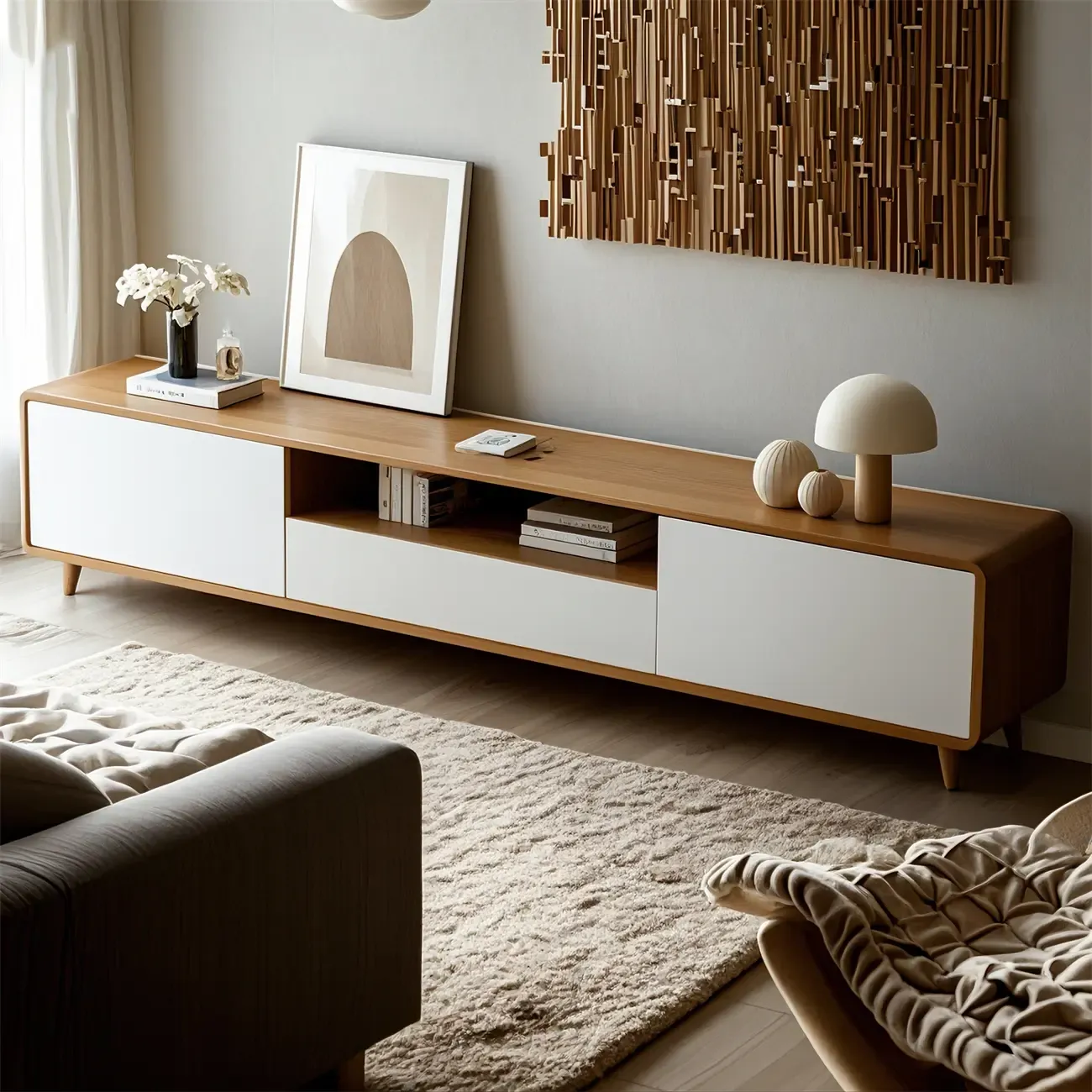 Durable Wooden TV Stand with Open Storage & Drawers Image - 1