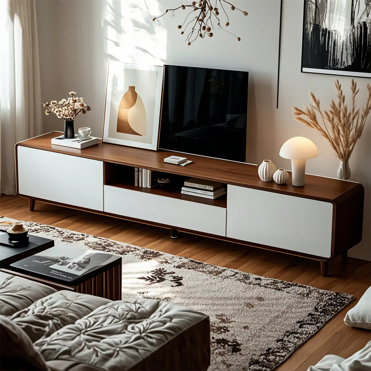Durable Wooden TV Stand with Open Storage & Drawers Image - 2 | homeyfad