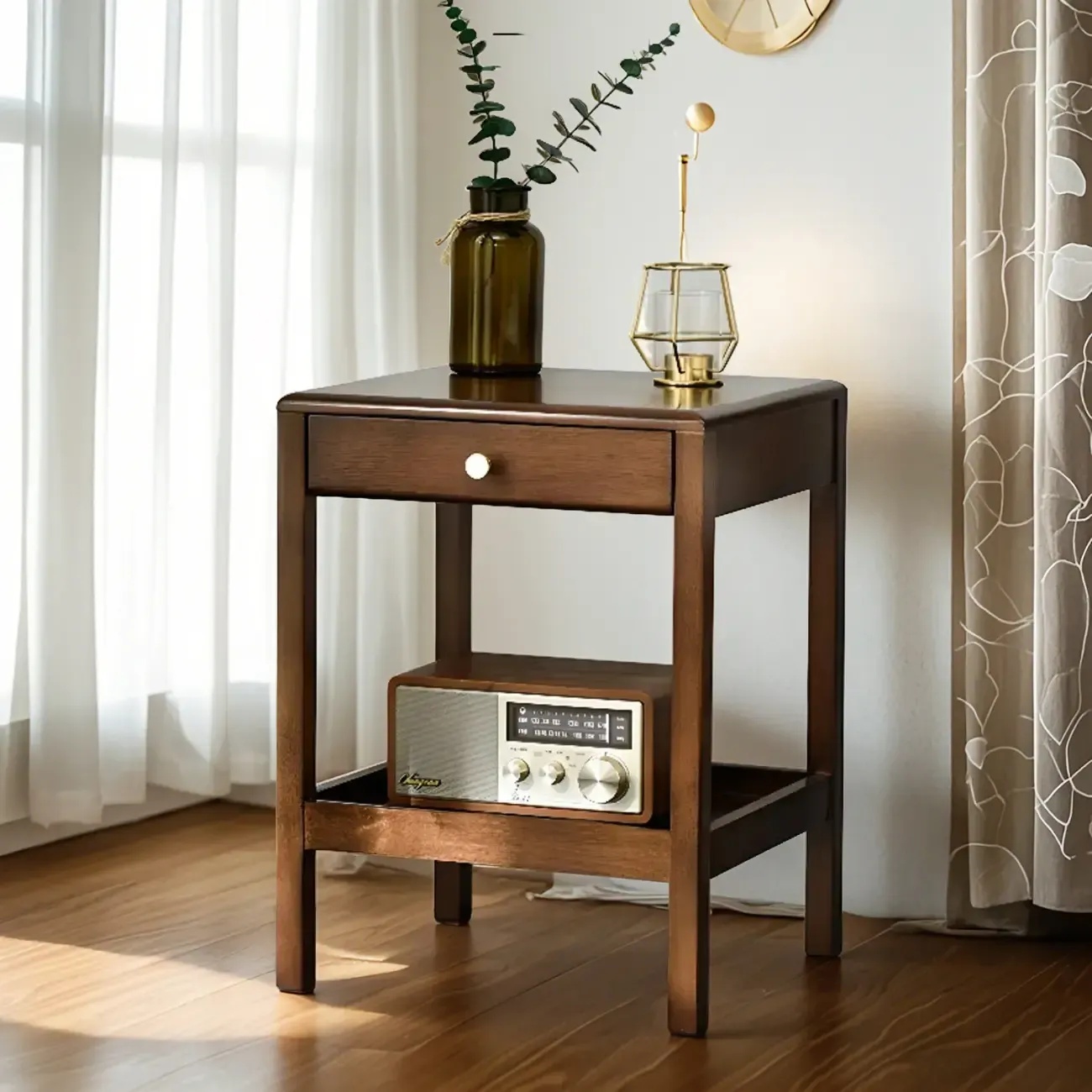 Retro Wooden Brown Side Table with Drawer for Bedroom Image - 1