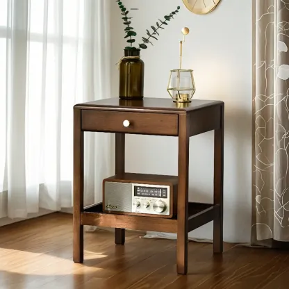 Retro Wooden Brown Side Table with Drawer for Bedroom Image - 1