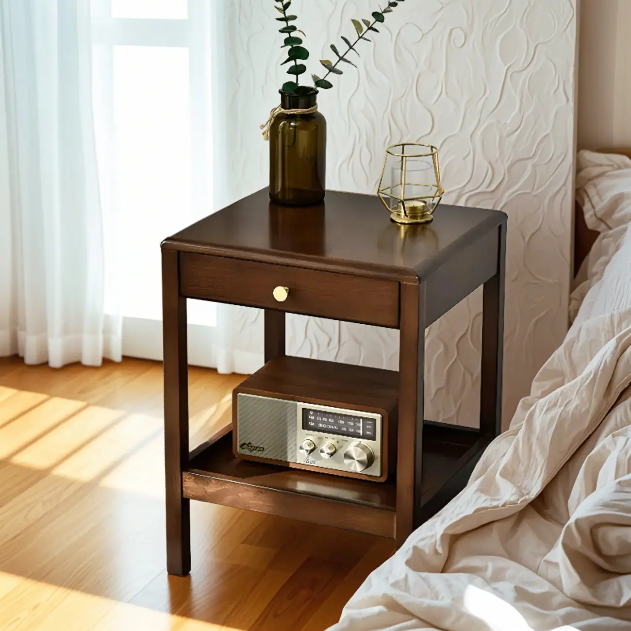 Retro Wooden Brown Side Table with Drawer for Bedroom Image - 4 | homeyfad