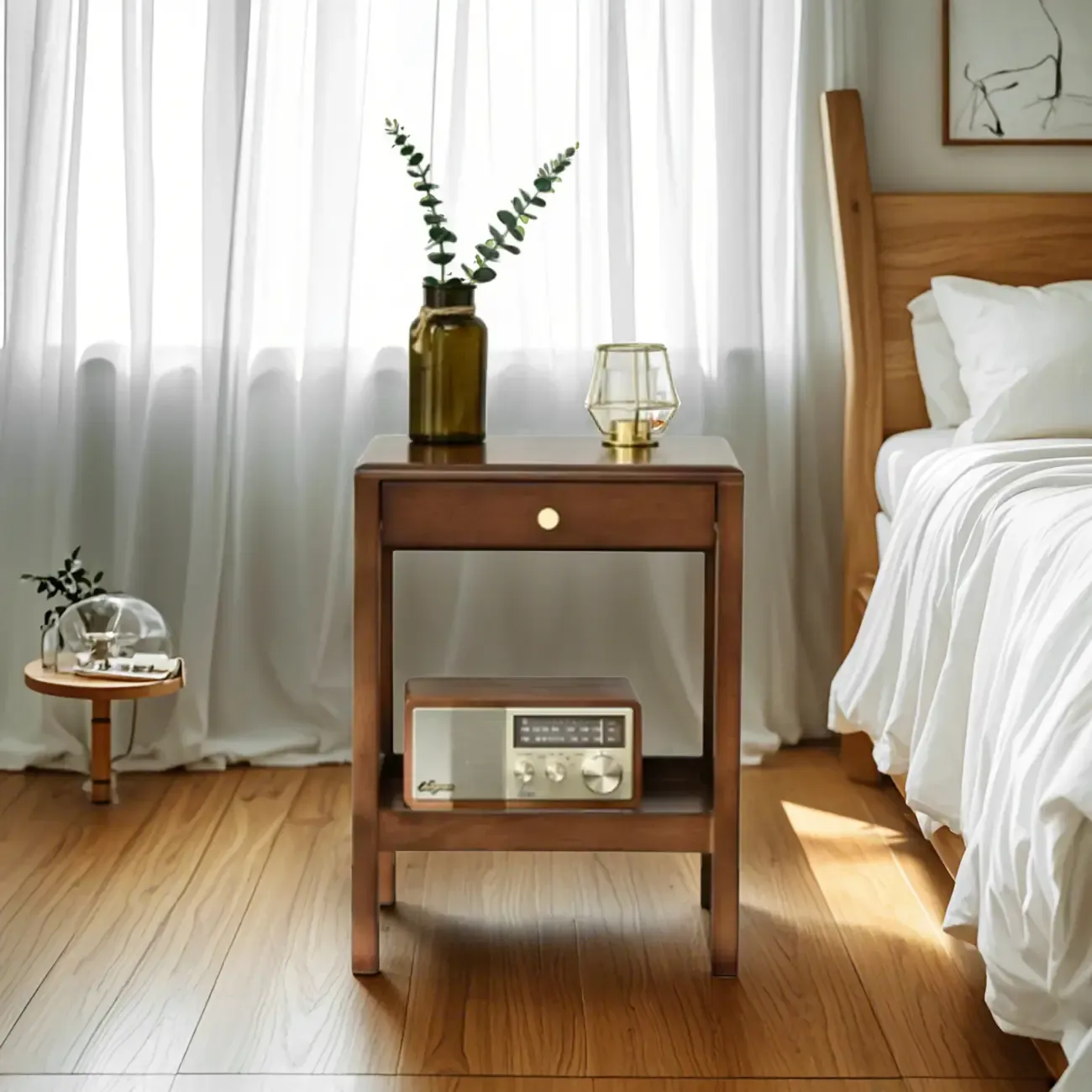 Retro Wooden Brown Side Table with Drawer for Bedroom Image - 6