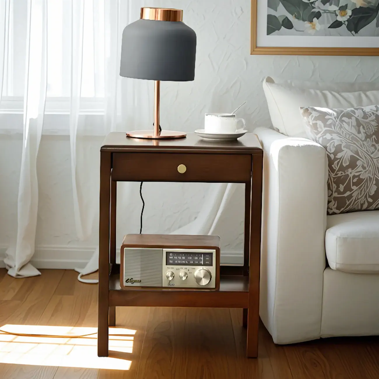 Retro Wooden Brown Side Table with Drawer for Bedroom Image - 7 | homeyfad