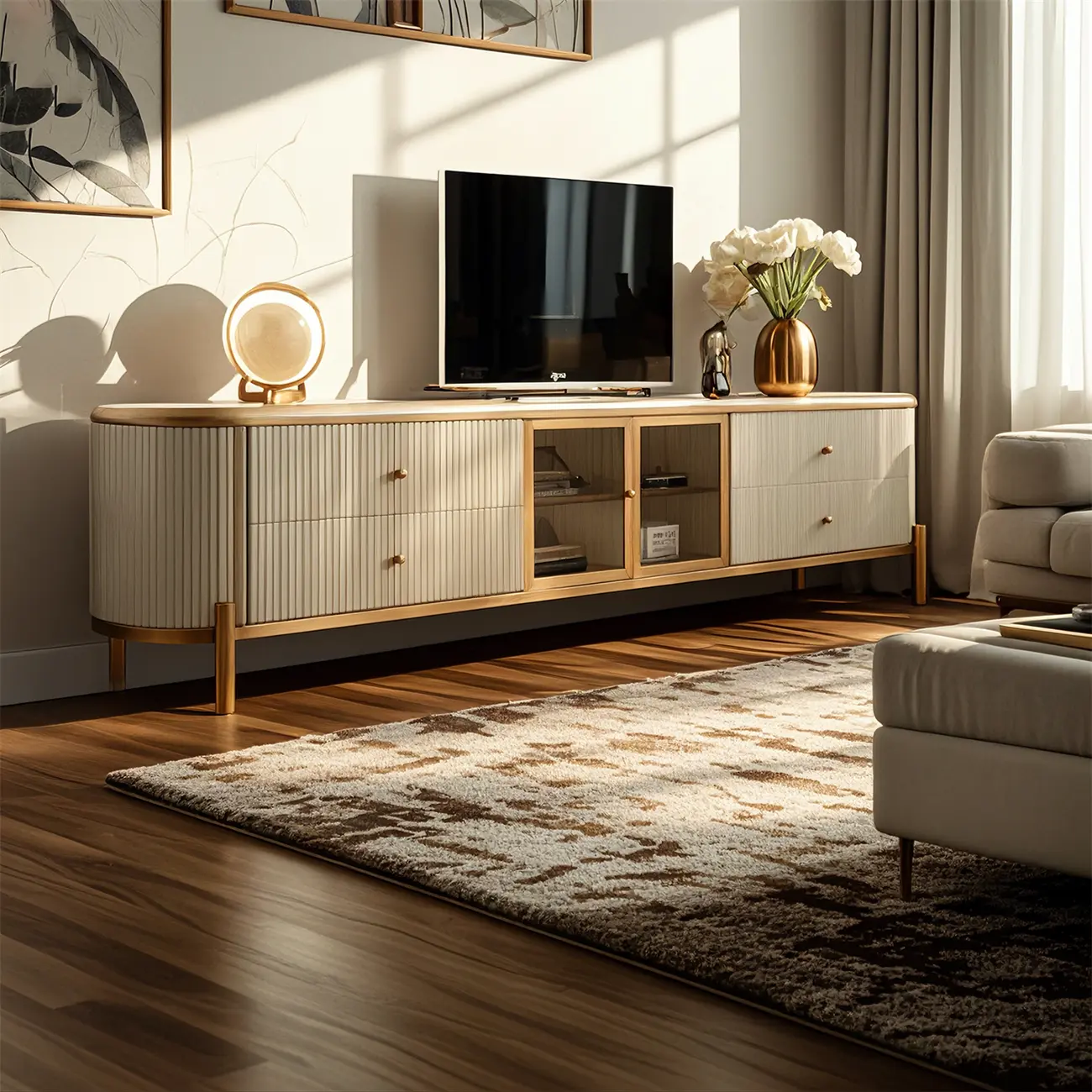 Glam White Stone TV Stand with Drawers and Legs for Home Image - 2 | homeyfad