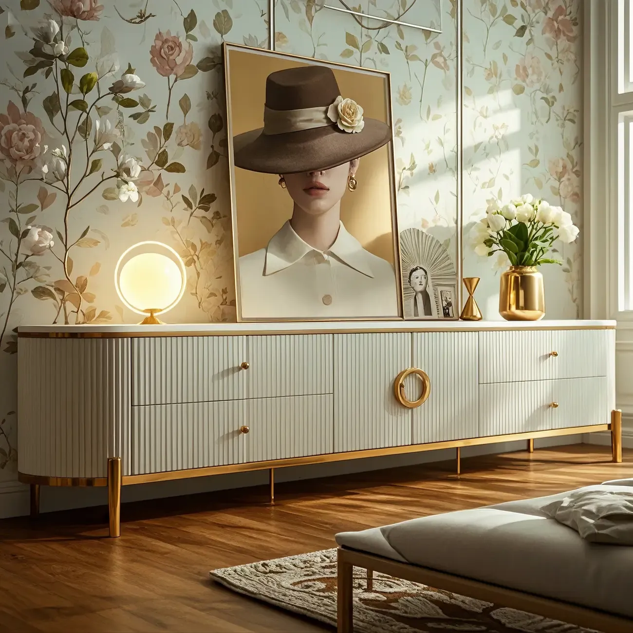 Glam White Stone TV Stand with Drawers and Legs for Home Image - 1