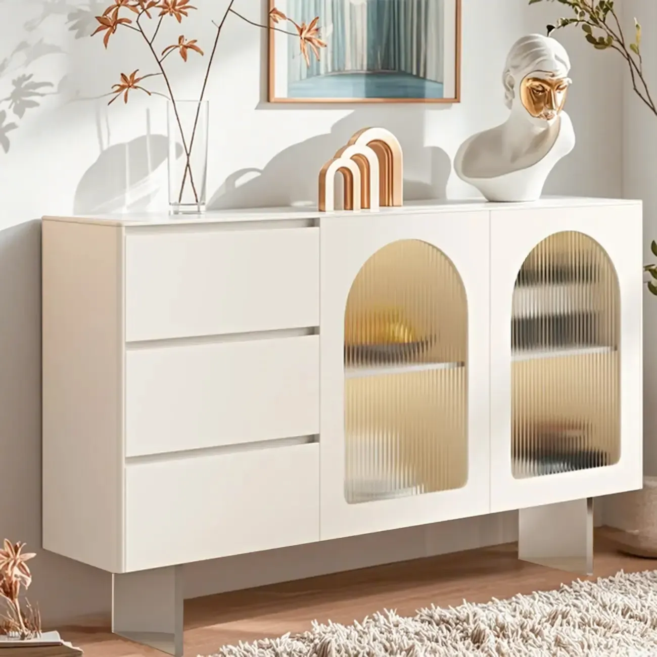 Minimalistic White Rectangular Accent Cabinet for Living Room Image - 3