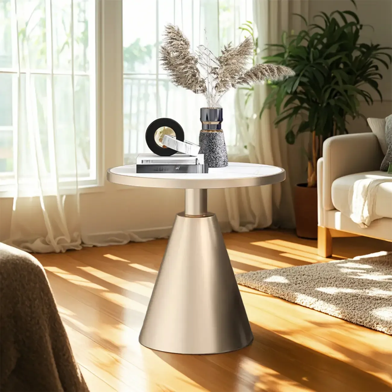 Modern Glam Round Marble Side Table for Living Room Image - 4