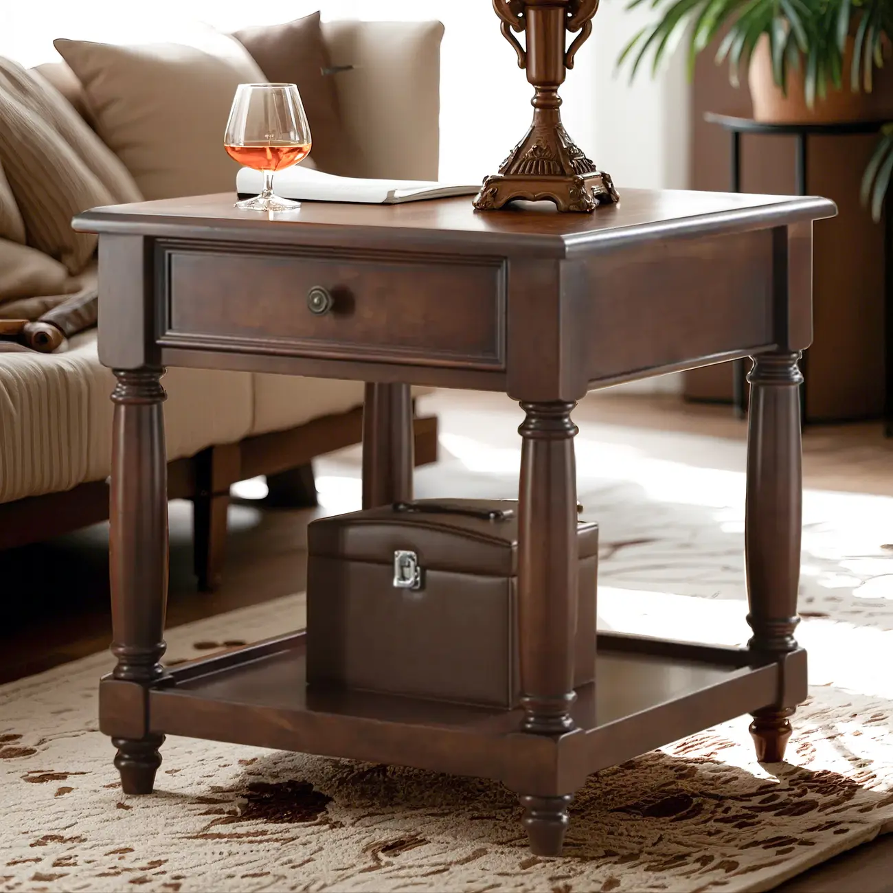 Vintage Square Brown Wood End Table with Drawer and Shelf Image - 1 | homeyfad