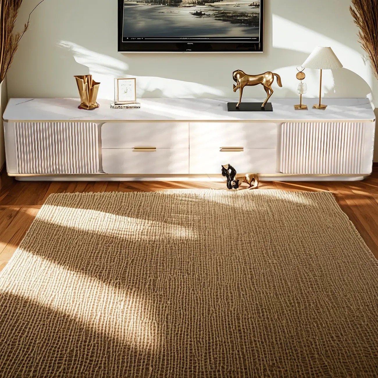 Elegant White Stone TV Cabinet with Cable Management Image - 1 | homeyfad