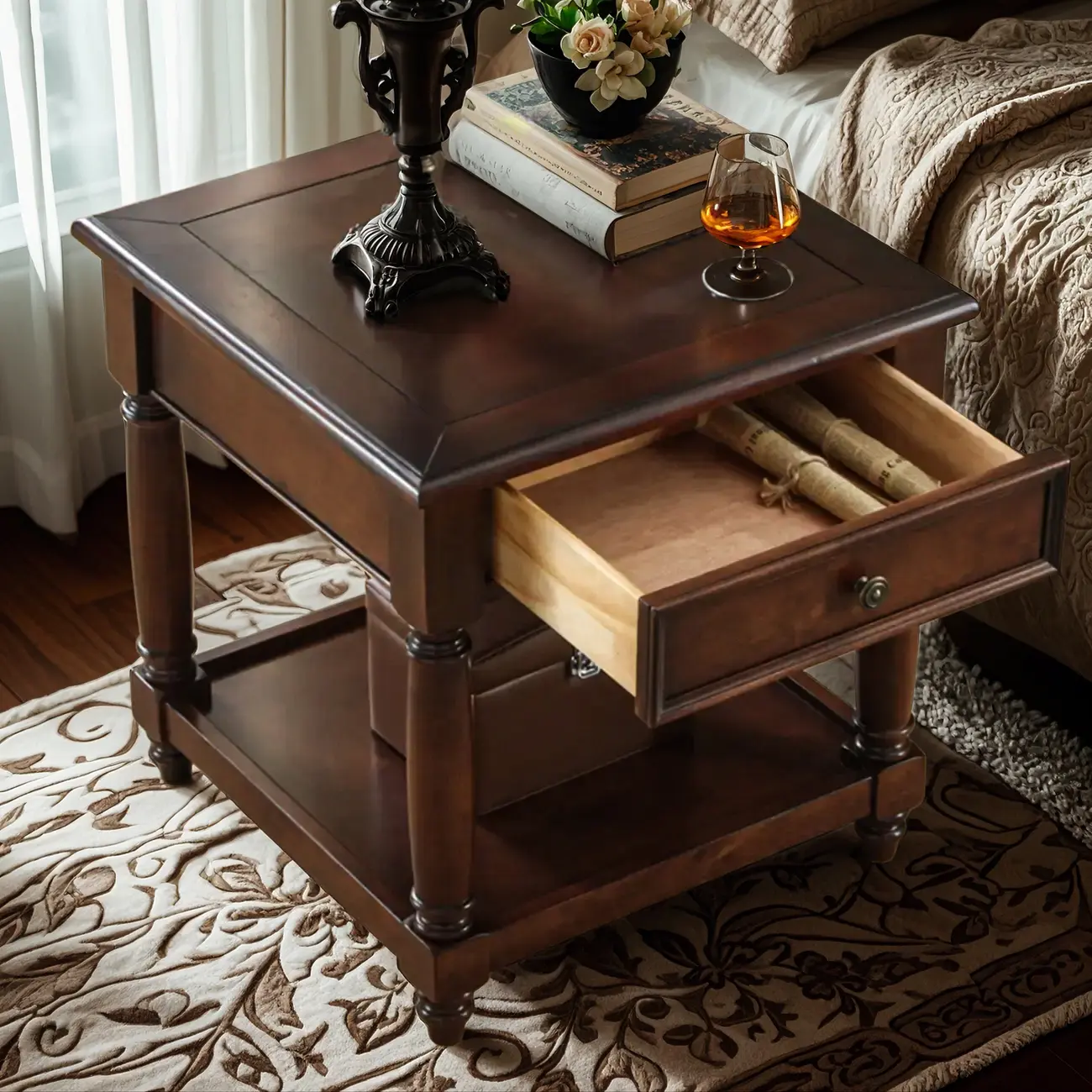 Vintage Square Brown Wood End Table with Drawer and Shelf Image - 2 | homeyfad