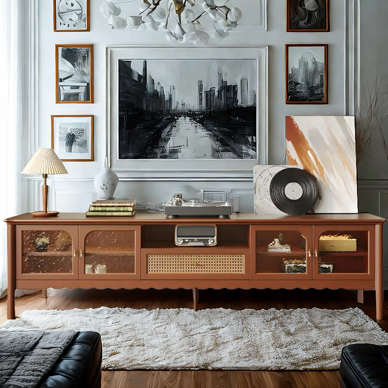 Traditional Cherry Wood TV Stand with Gate Doors for Living Room Image - 1 | homeyfad