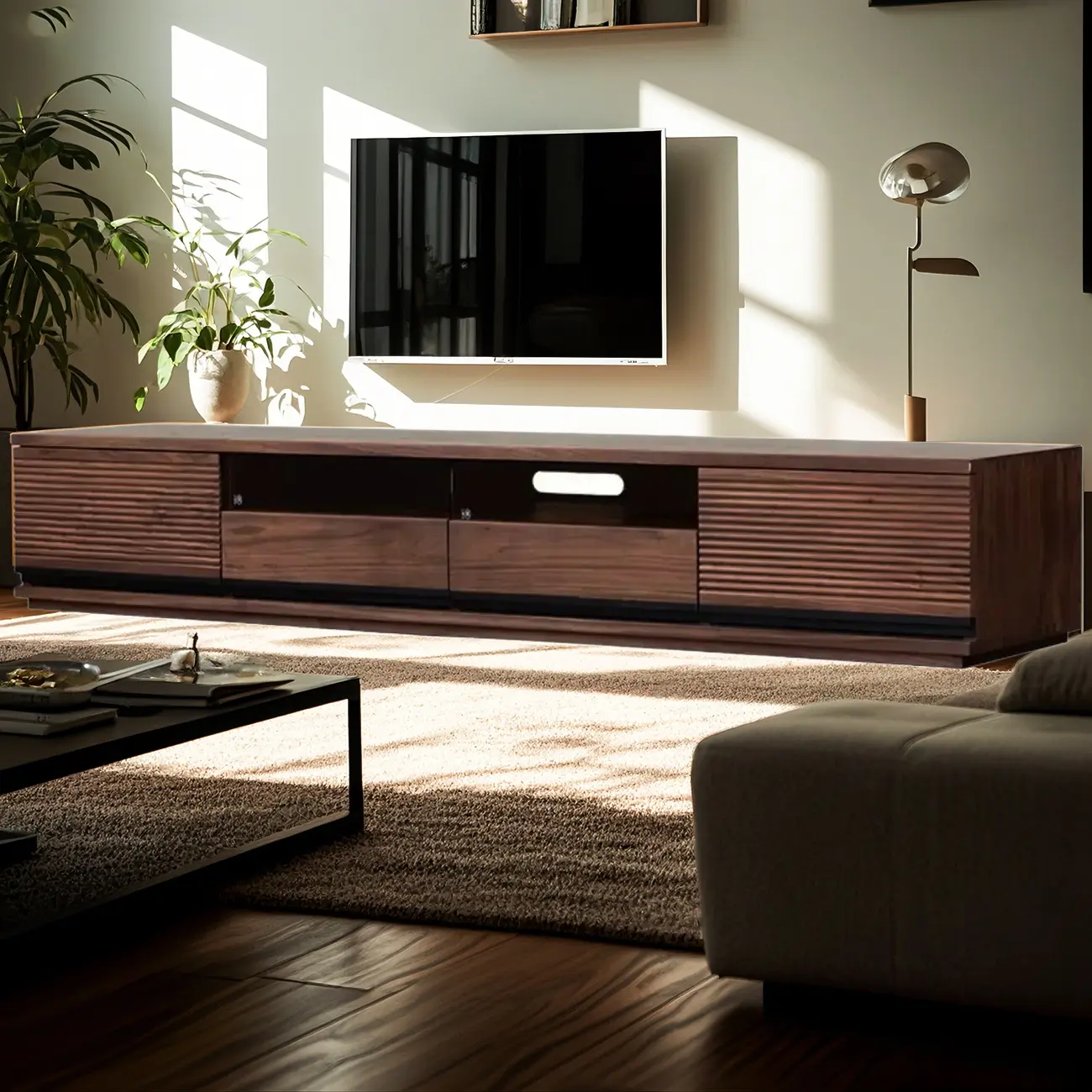 Rustic Walnut Wood TV Stand with Drawer and Light for Living Room Image - 1 | homeyfad