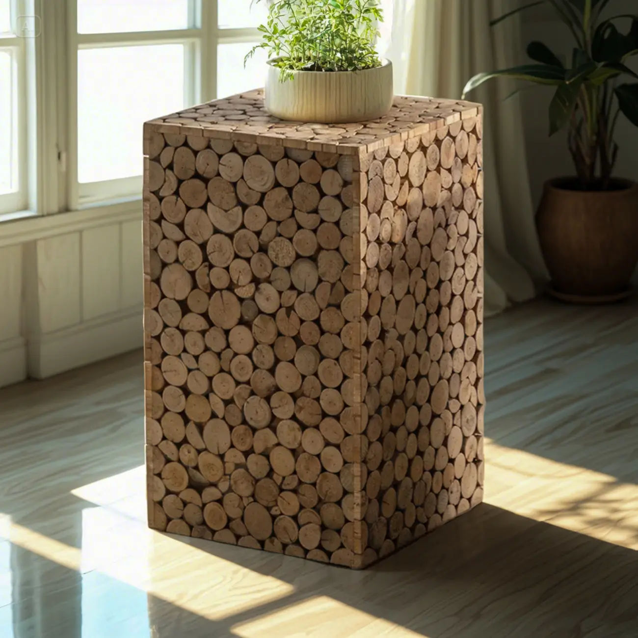 Square Block Natural Wood End Table for Living Room Image - 2 | homeyfad