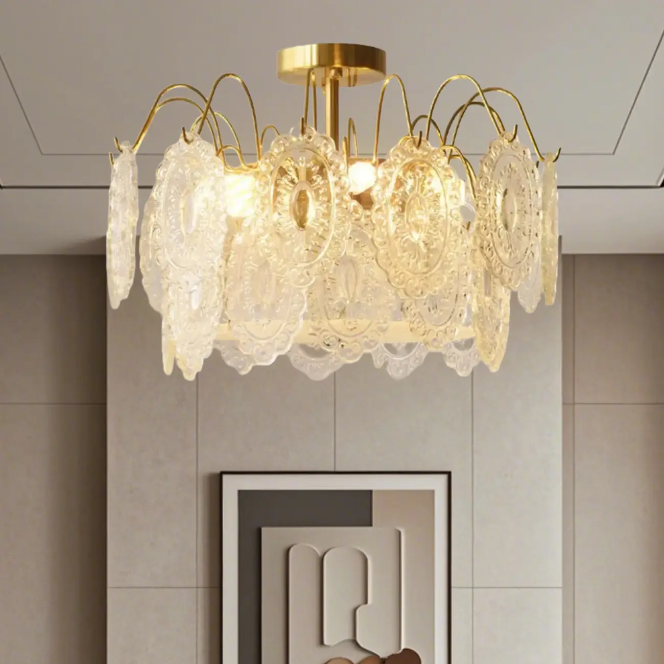 Crystal Drum Shade Gold Semi Flush Ceiling Light Image - 1 | homeyfad