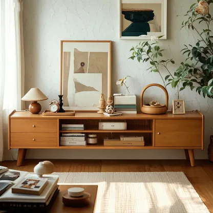 Scandinavian Wooden TV Stand with Open Storage and Legs Image - 1