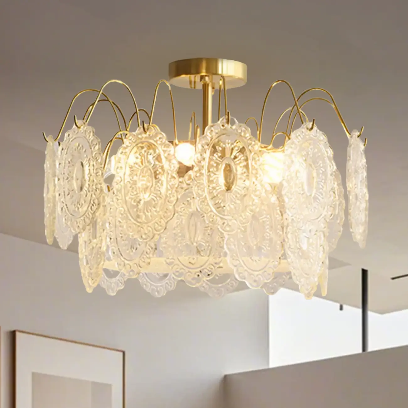 Crystal Drum Shade Gold Semi Flush Ceiling Light Image - 3 | homeyfad