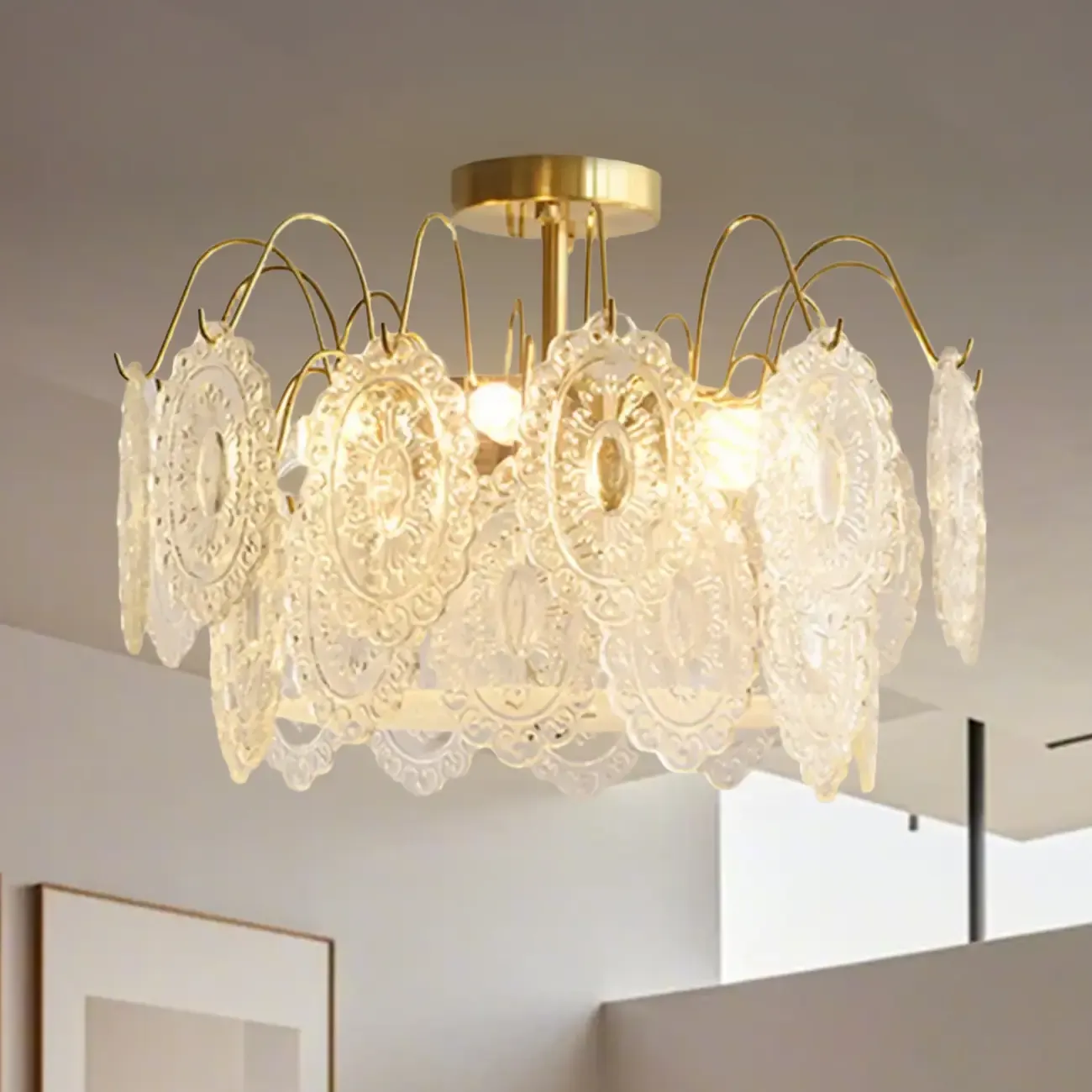 Crystal Drum Shade Gold Semi Flush Ceiling Light Image - 3