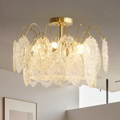 Crystal Drum Shade Gold Semi Flush Ceiling Light Image - 3