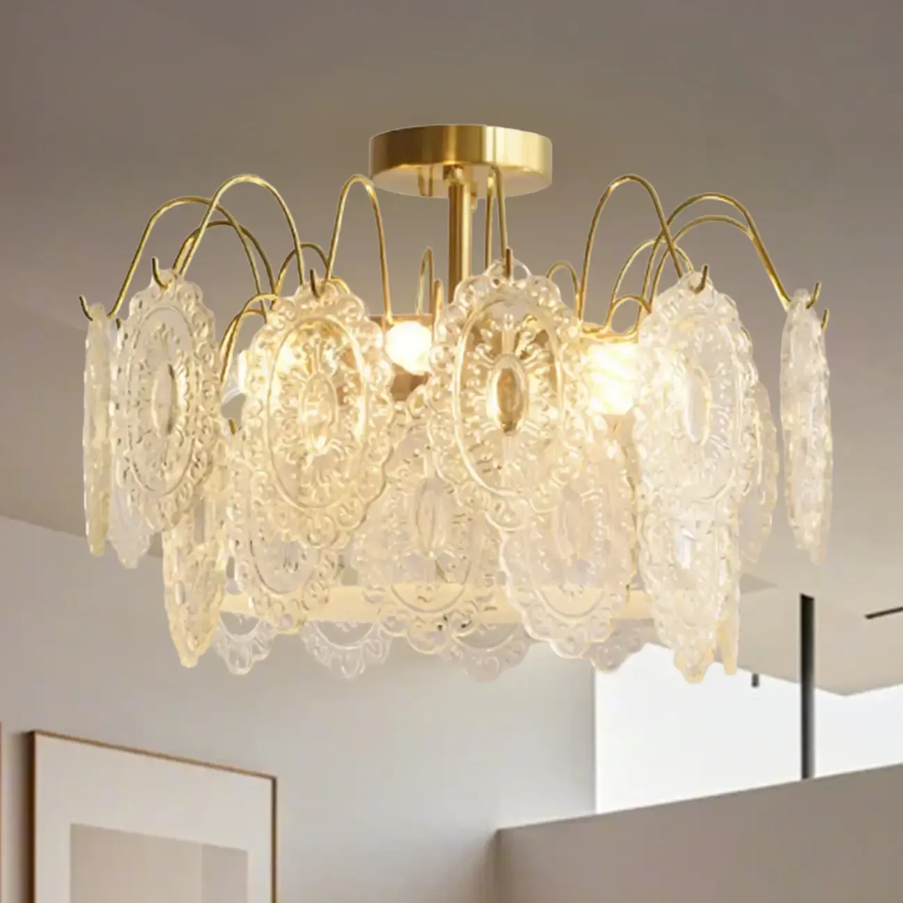 Crystal Drum Shade Gold Semi Flush Ceiling Light Image - 4