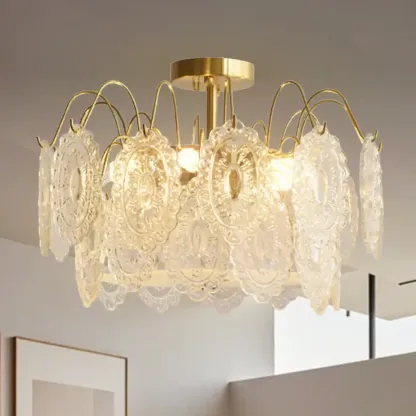 Crystal Drum Shade Gold Semi Flush Ceiling Light Image - 4