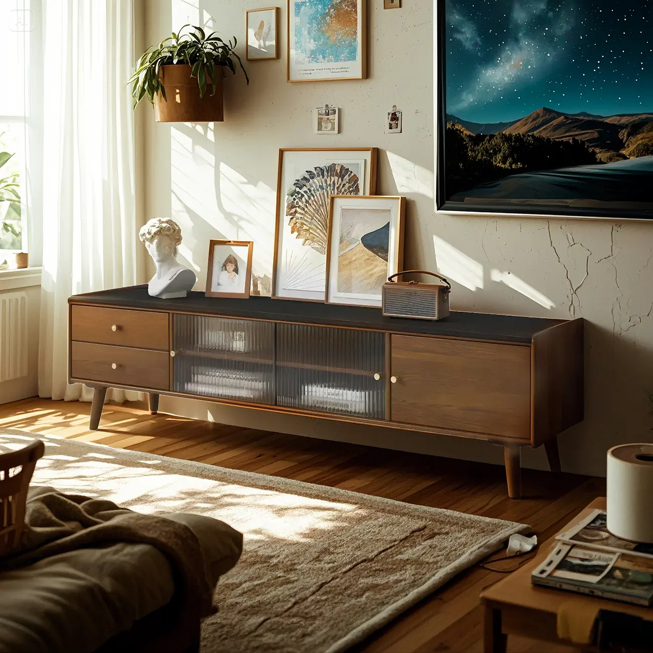 Scandinavian Wooden TV Stand with Open Storage and Legs Image - 3 | homeyfad