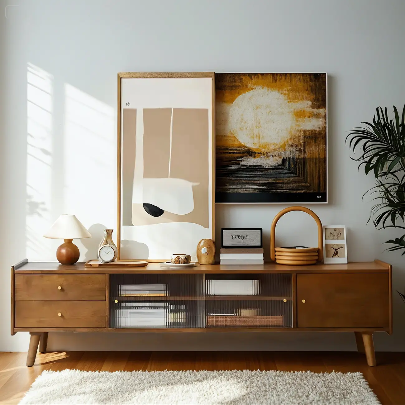 Scandinavian Wooden TV Stand with Open Storage and Legs Image - 2 | homeyfad