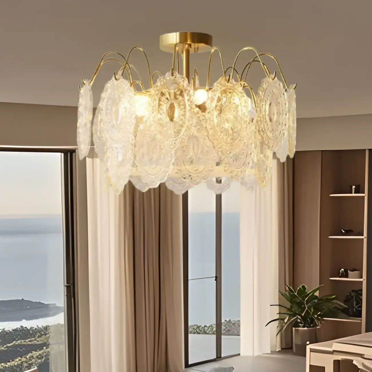 Crystal Drum Shade Gold Semi Flush Ceiling Light Image - 2