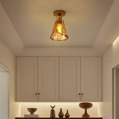 Amber Glass Cone Brass Modern Semi Flush Ceiling Light Image - 1
