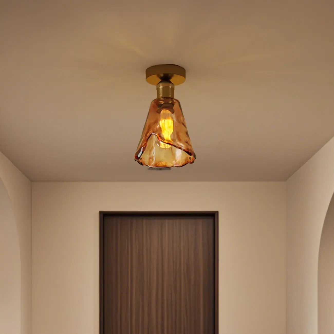 Amber Glass Cone Brass Modern Semi Flush Ceiling Light Image - 2 | homeyfad