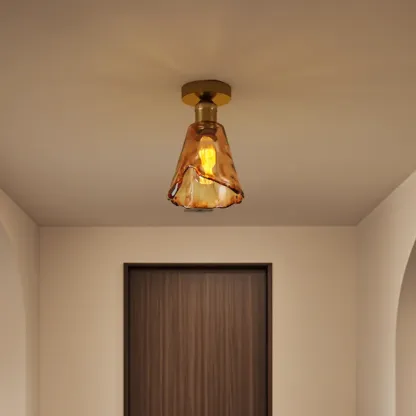 Amber Glass Cone Brass Modern Semi Flush Ceiling Light Image - 2