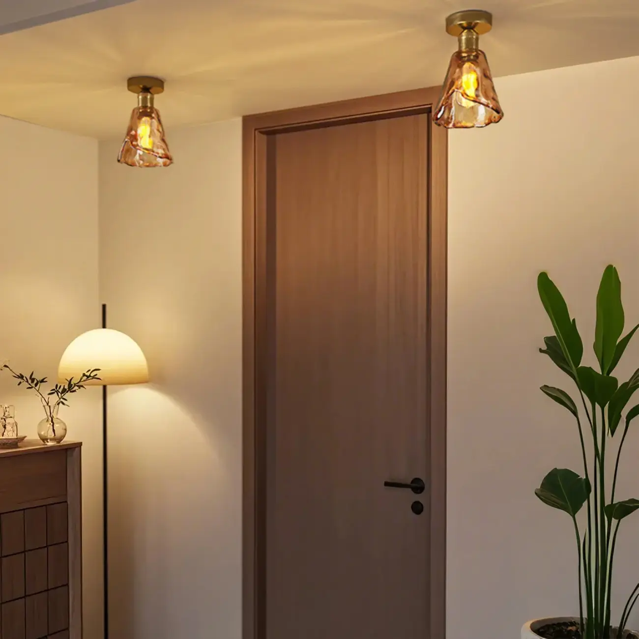 Amber Glass Cone Brass Modern Semi Flush Ceiling Light Image - 3 | homeyfad