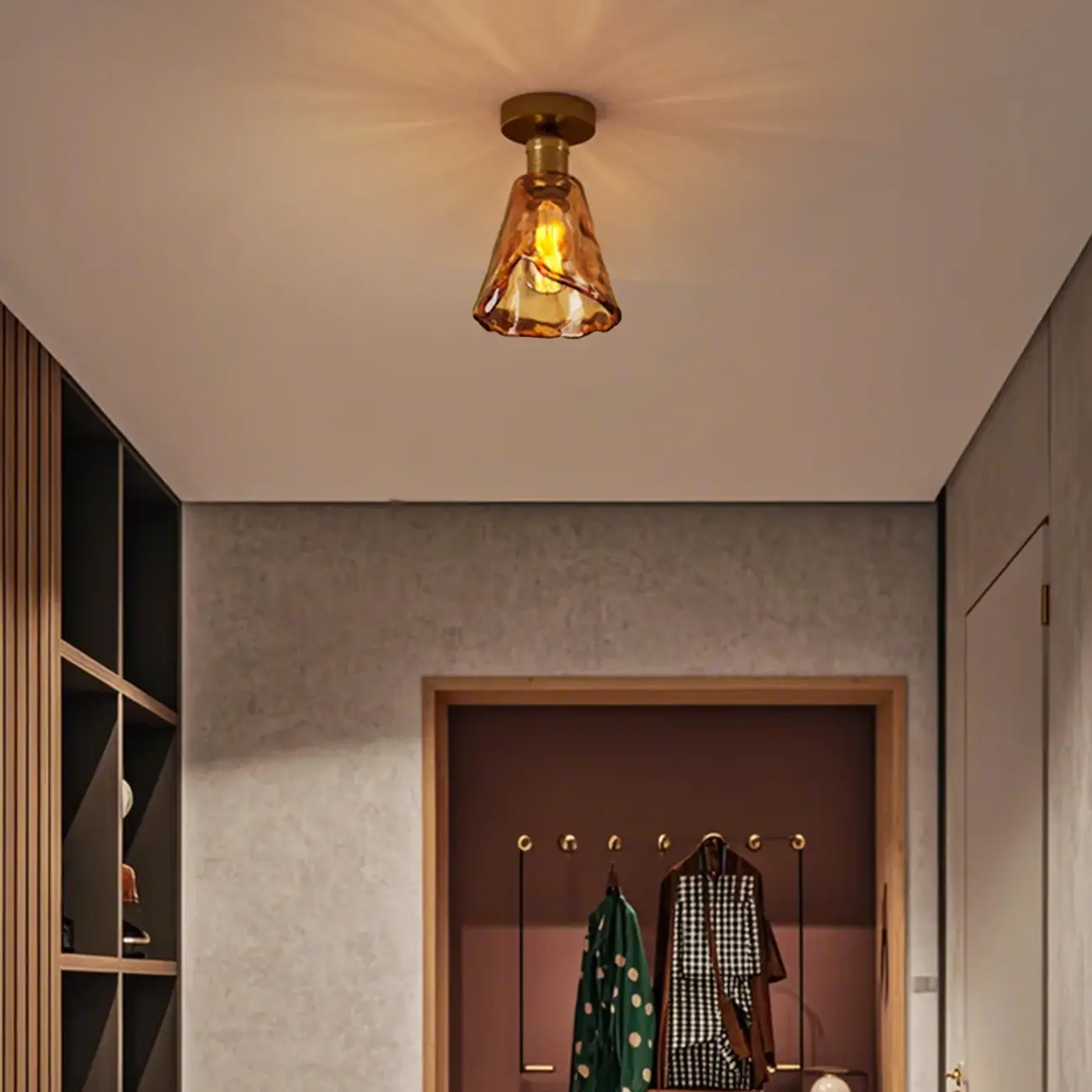 Amber Glass Cone Brass Modern Semi Flush Ceiling Light Image - 4 | homeyfad