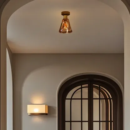 Amber Glass Cone Brass Modern Semi Flush Ceiling Light Image - 5